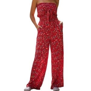 Patrons of Peace Red Floral Strapless Jumpsuit Size M